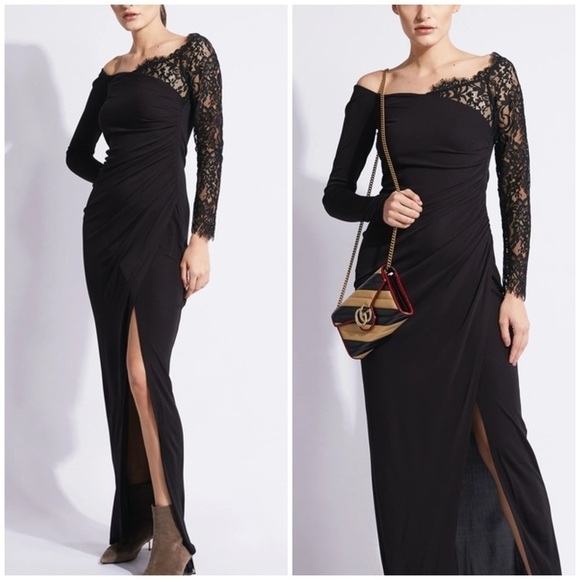 PRABAL Gurung Tirana Off The-Shoulder Jersey Lace Sleeve Maxi Dress in Black - Picture 1 of 16